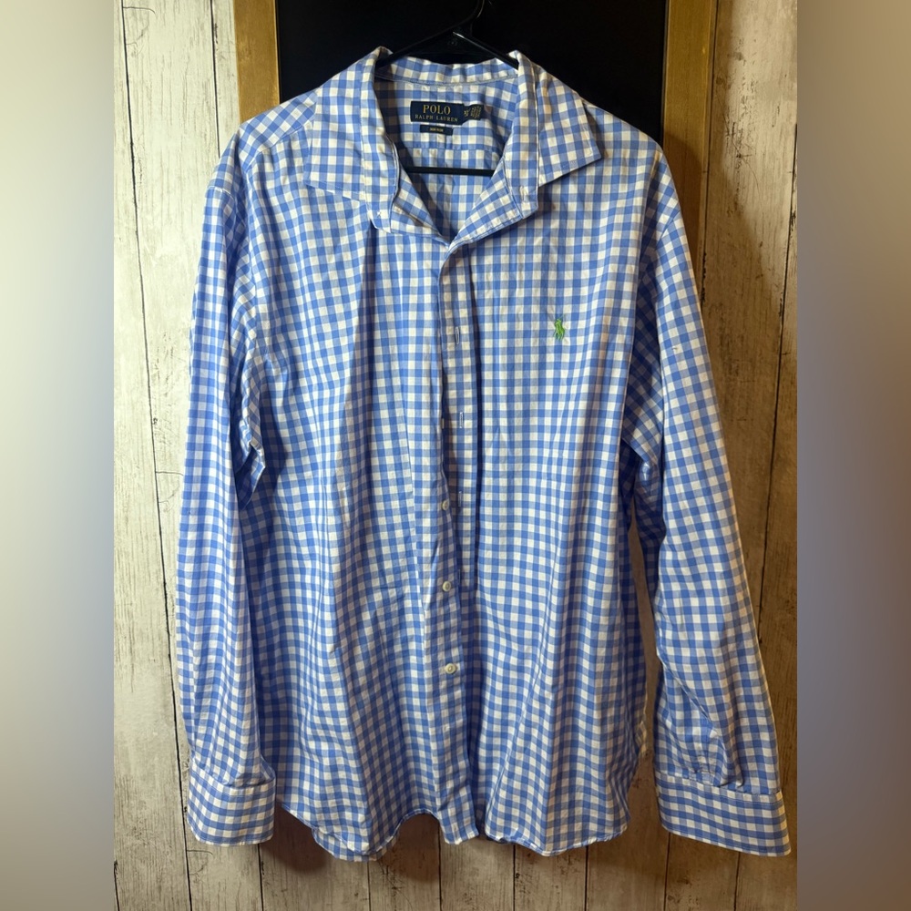 Polo Ralph Lauren Blue Check Gingham Button Up Cotton Non Iron Shirt Men’s XXL